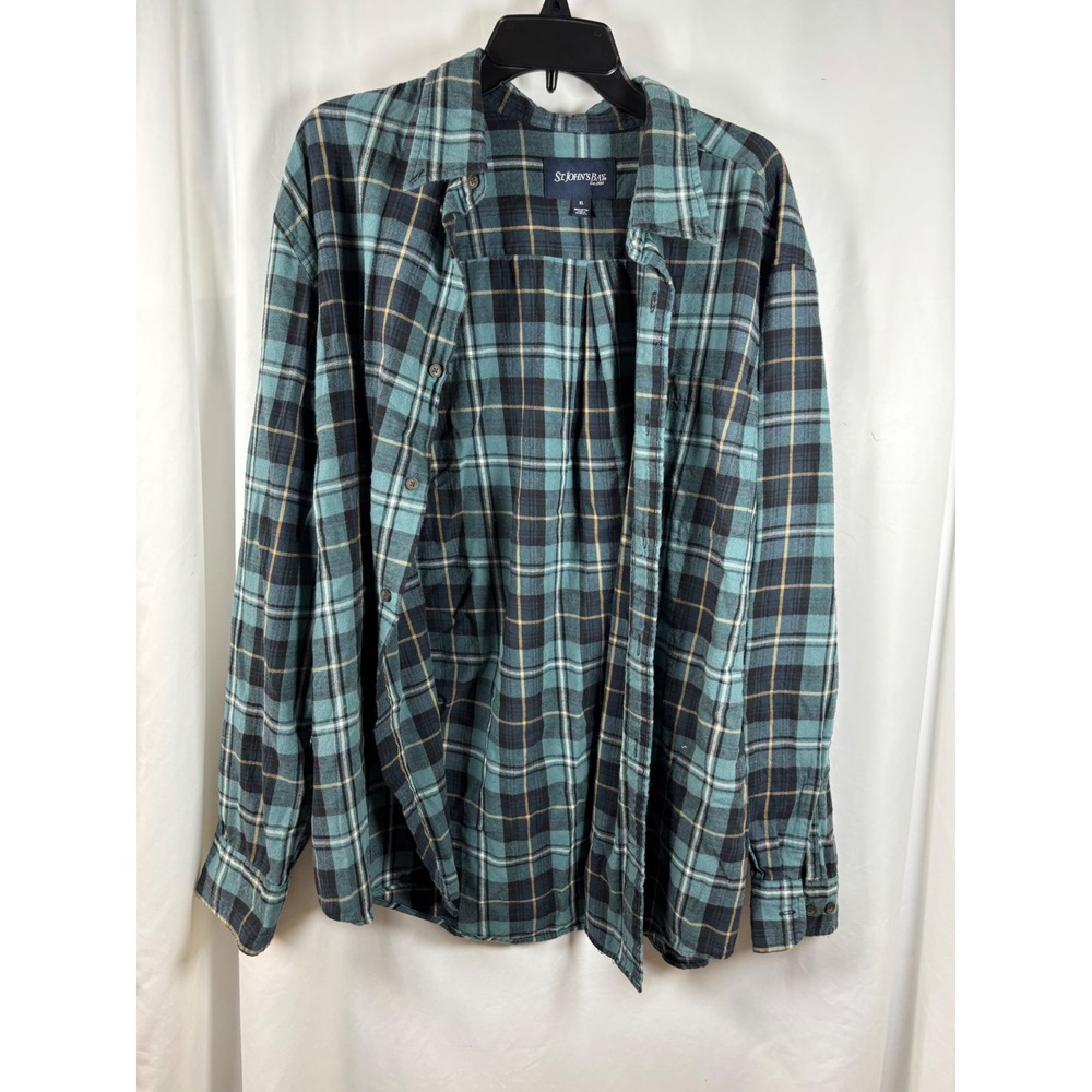 St Johns Bay Mens XL Teal Black Plaid Flannel Button Down Shirt 100% Cotton